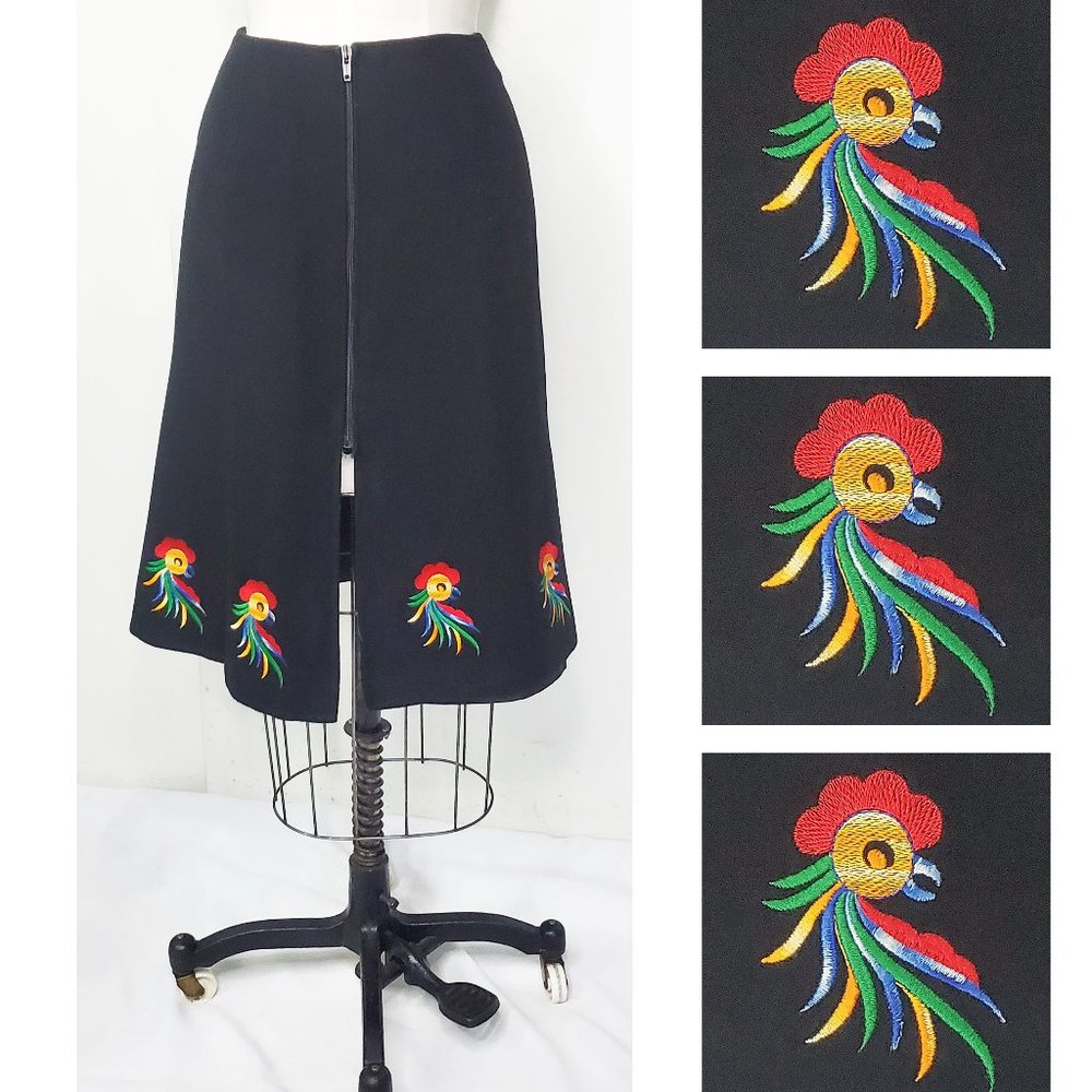 Vintage Womens Rooster Chicken Embroidered Black Wool Skirt S
